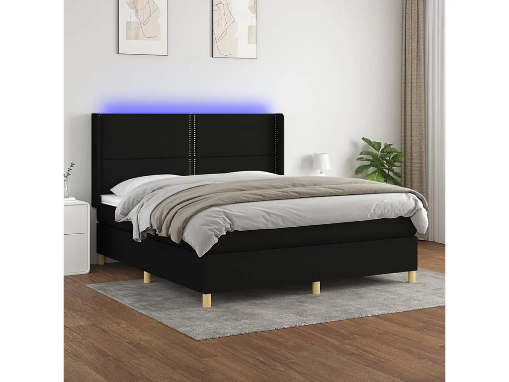 Sommier à lattes de lit matelas et LED Noir 160x200 cm Tissu