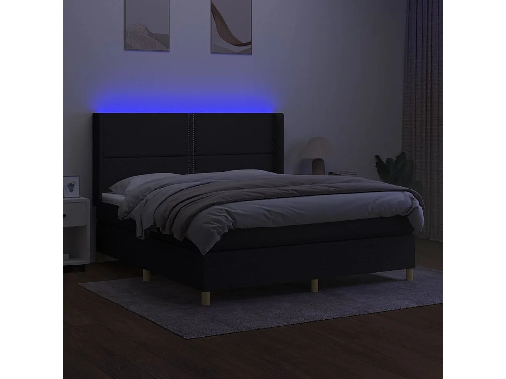 Sommier à lattes de lit matelas et LED Noir 160x200 cm Tissu