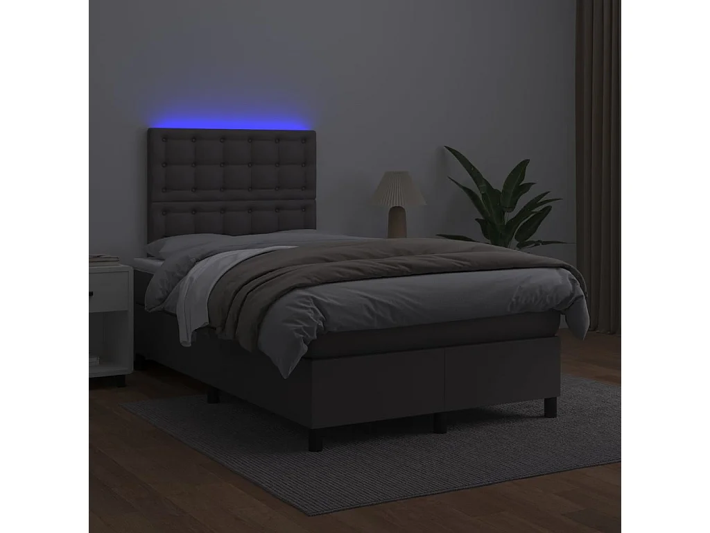 Cama box spring con colchón LED cuero sintético gris 120x190 cm
