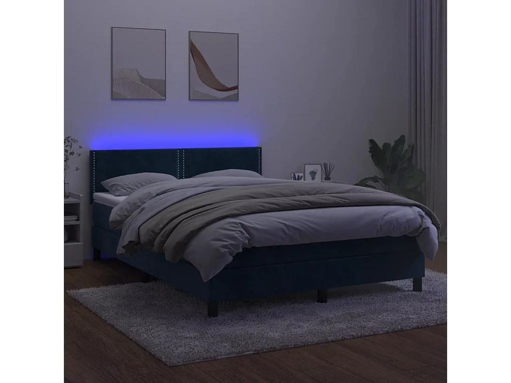Letto a Molle con Materasso e LED Blu Scuro 140x190 cm