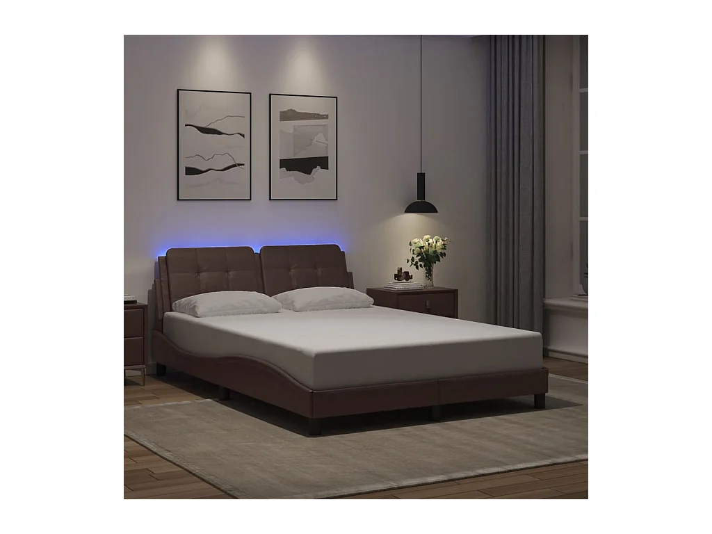 Estructura cama con luces LED cuero sintético marrón 120x200 cm