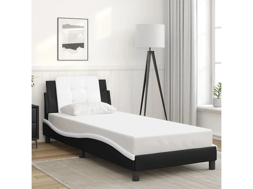 Estructura cama con LED cuero sintético negro y blanco 90x190cm
