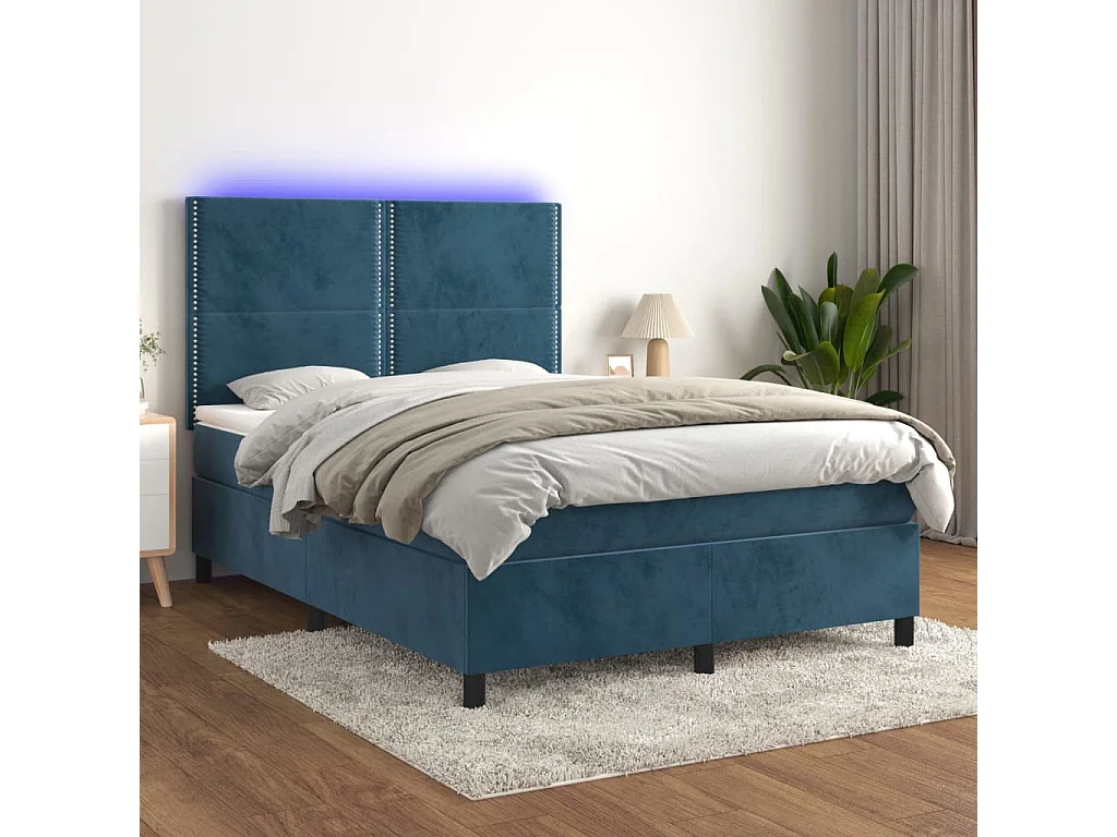 Letto a Molle con Materasso e LED Blu Scuro 140x190 cm