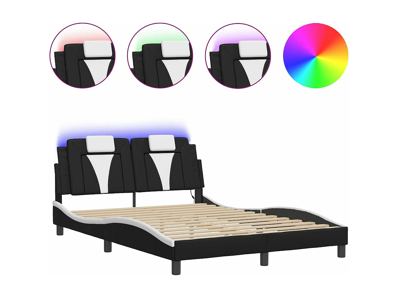 Estrutura cama c/ luzes LED 120x200cm couro artif. preto/branco