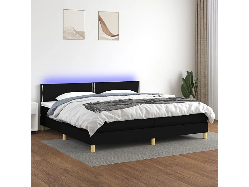 Cama box spring con colchón LED tela negro 200x200 cm