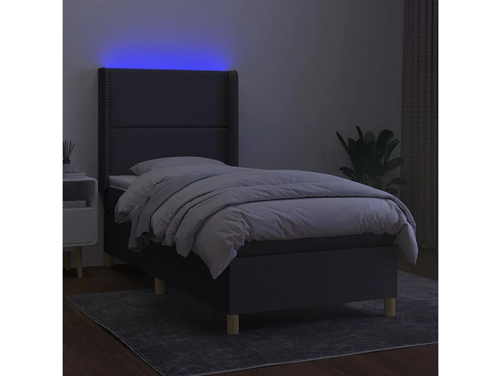 Cama box spring c/ colchão e LED 90x200 cm tecido cinza-escuro