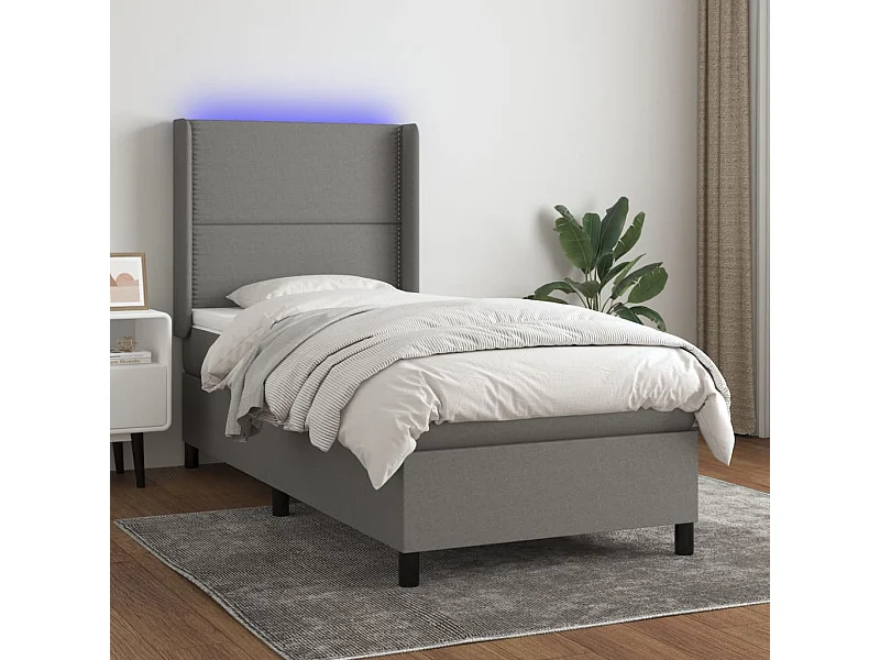 Cama box spring c/ colchão e LED 80x200 cm tecido cinza-escuro