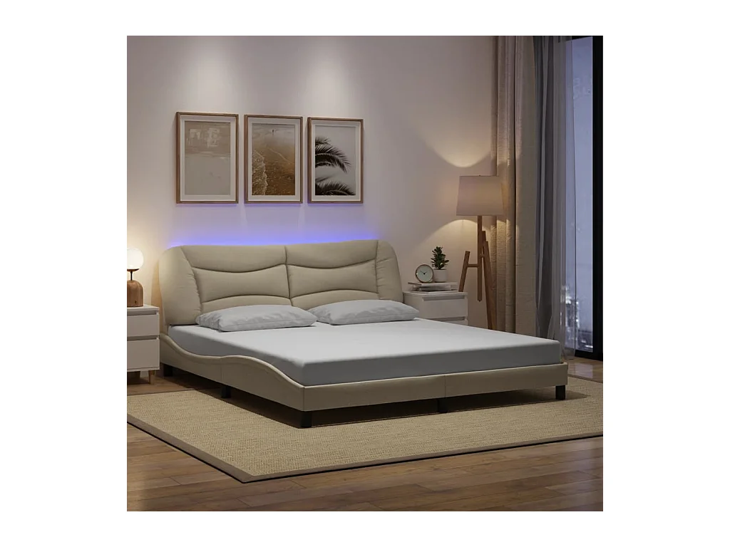 Cadre de lit avec LED sans matelas crème 180x200 cm tissu