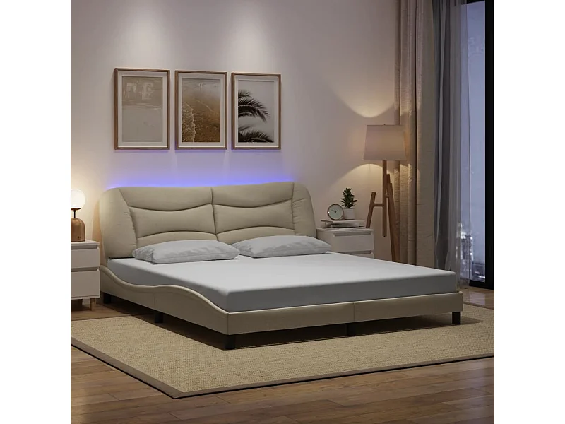 Estructura de cama con luces LED tela crema 180x200 cm