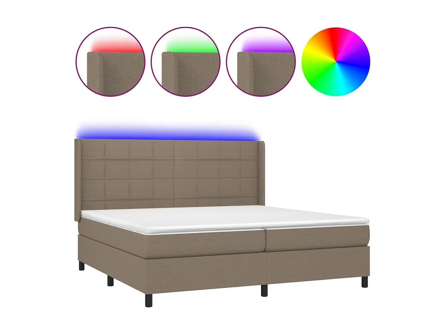 Cama box spring colchón y luces LED tela gris taupe 200x200 cm
