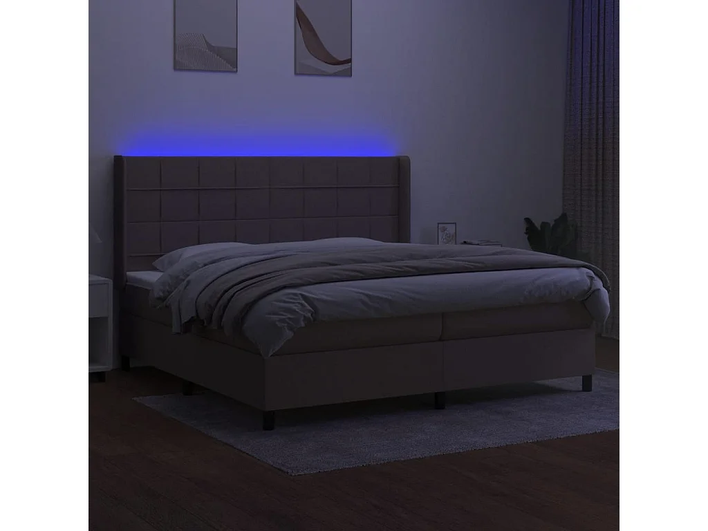 Cama box spring colchón y luces LED tela gris taupe 200x200 cm