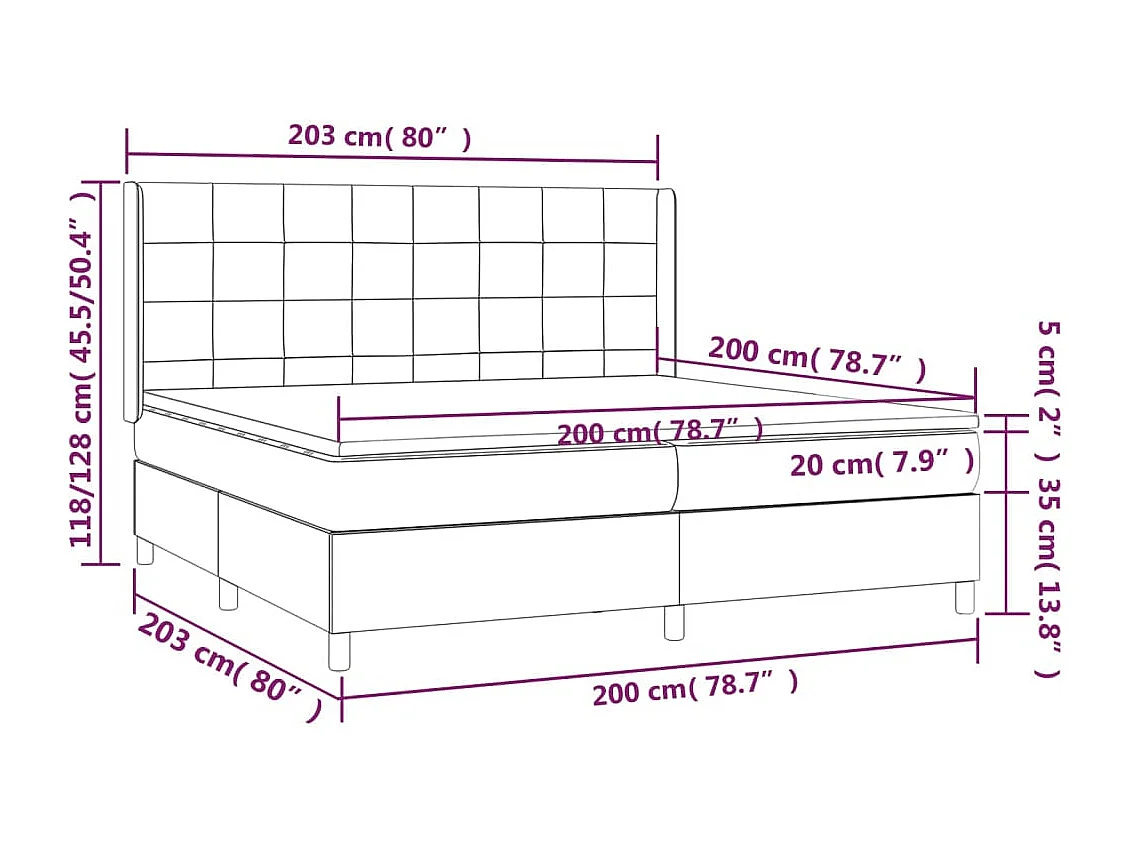 Cama box spring colchón y luces LED tela gris taupe 200x200 cm