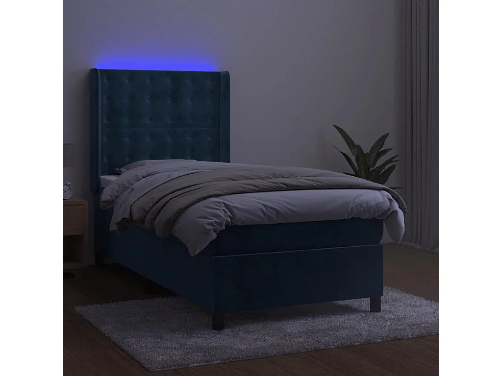 Letto a Molle con Materasso e LED Blu Scuro 90x190cm in Velluto