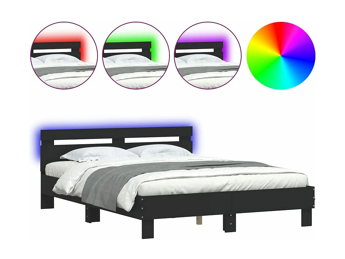Estrutura de cama com cabeceira e luzes LED 150x200 cm preto