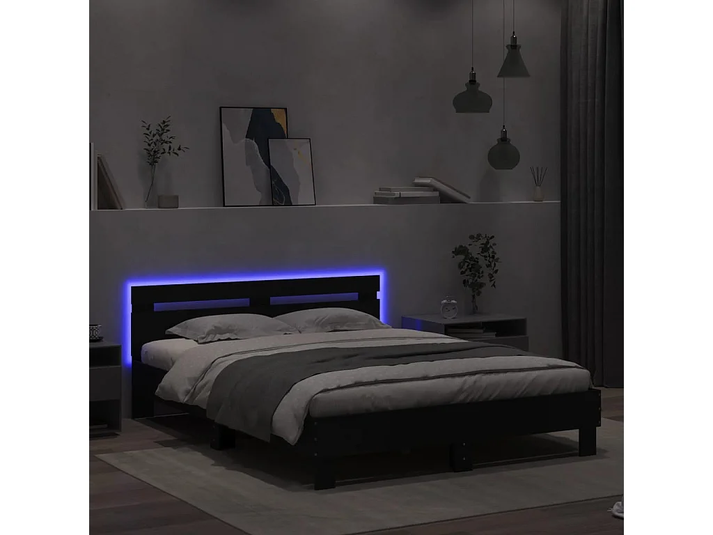 Estrutura de cama com cabeceira e luzes LED 150x200 cm preto