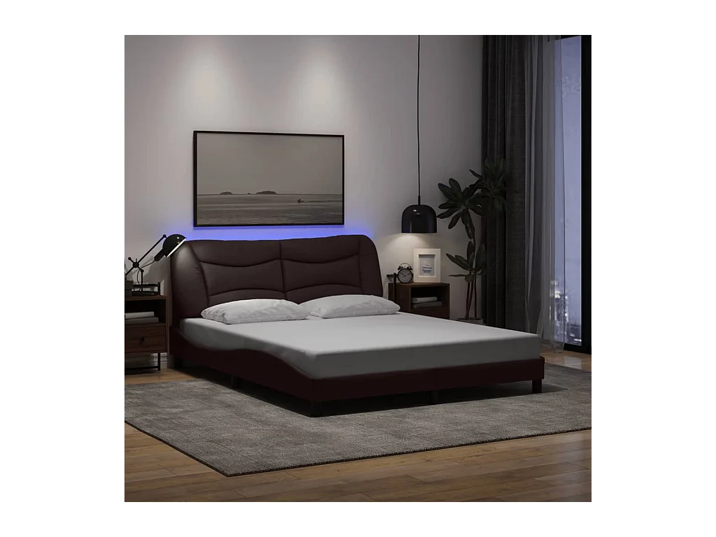 Cadre de lit avec LED sans matelas marron foncé 160x200cm tissu