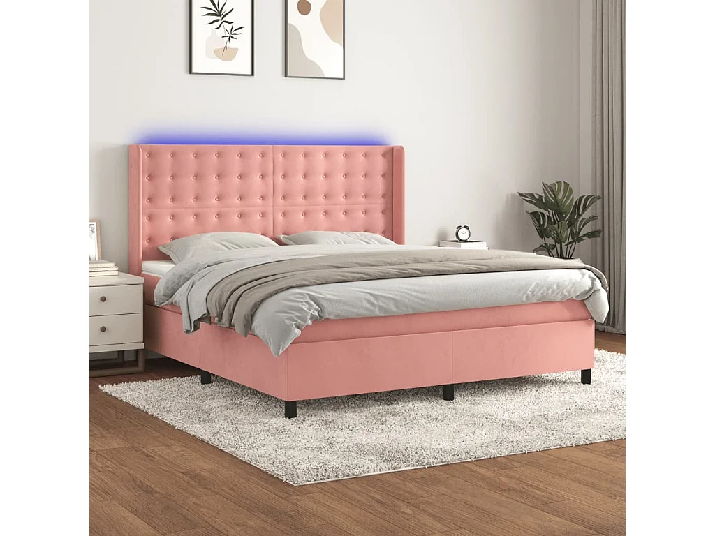 Cama box spring c/ colchão/LED 180x200 cm veludo rosa