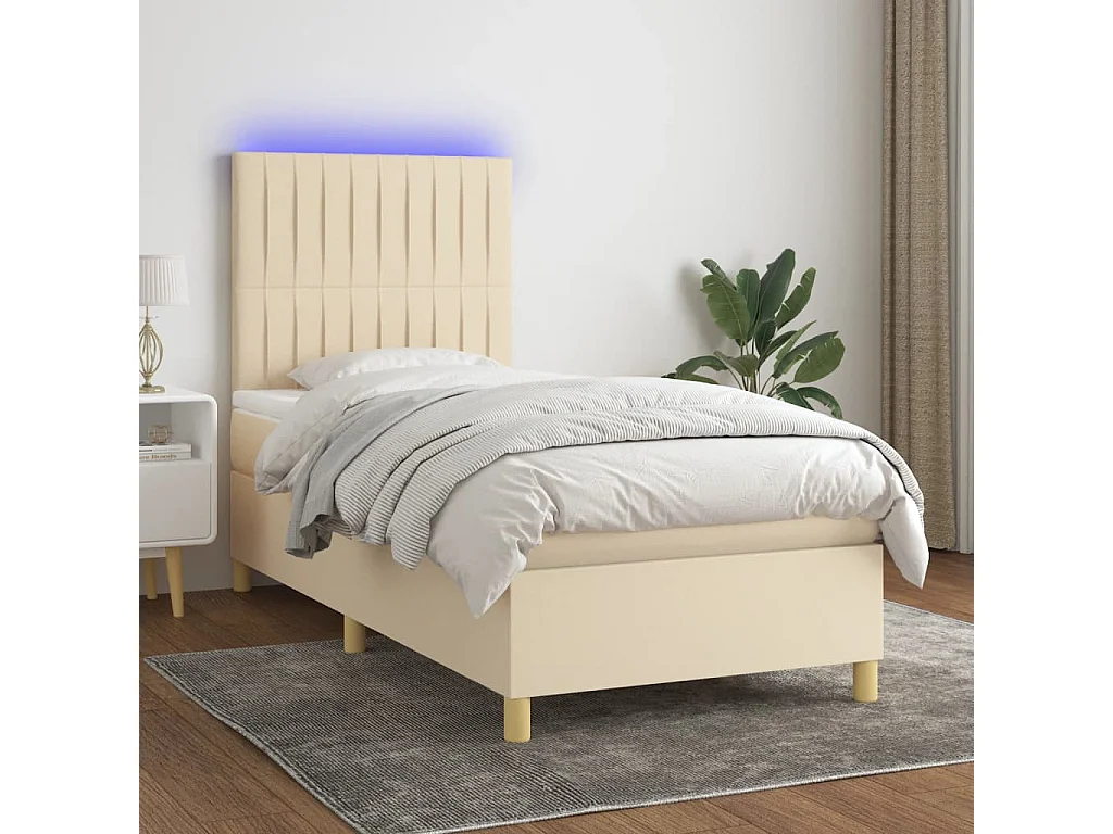 Cama box spring colchón y luces LED tela crema 80x200 cm