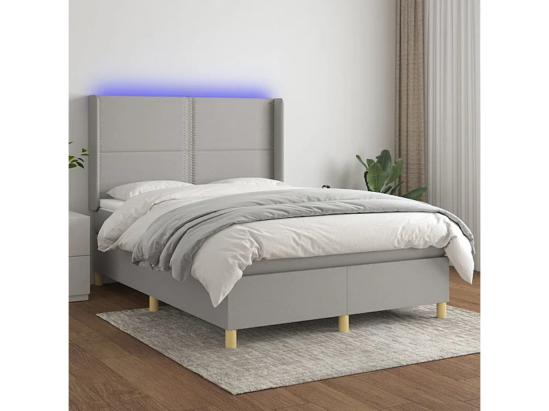 Cama box spring c/ colchão e LED 140x200 cm tecido cinza-claro