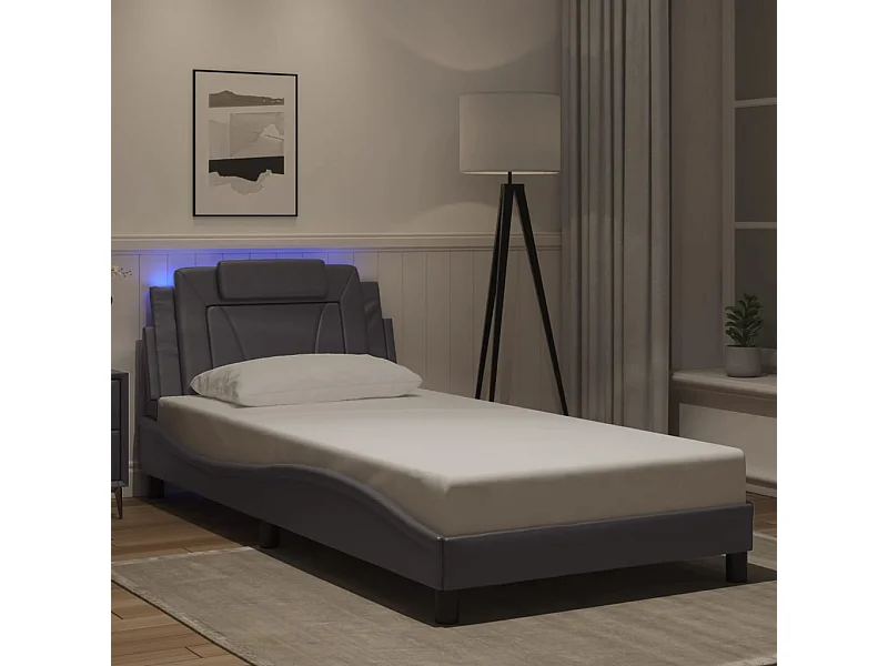 Estrutura de cama c/ luzes LED 100x200cm couro artificial cinza