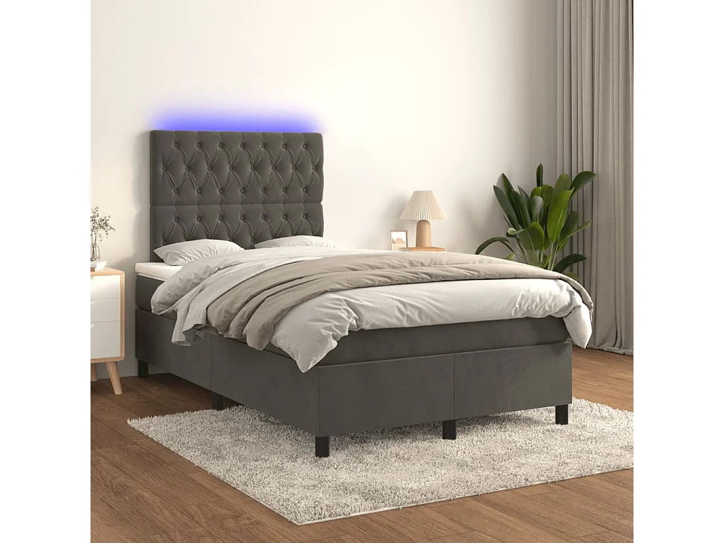 Letto a Molle Materasso e LED Grigio Scuro 120x190cm in Velluto