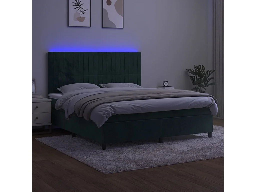 Cama box spring colchón y LED terciopelo verde oscuro 180x200cm