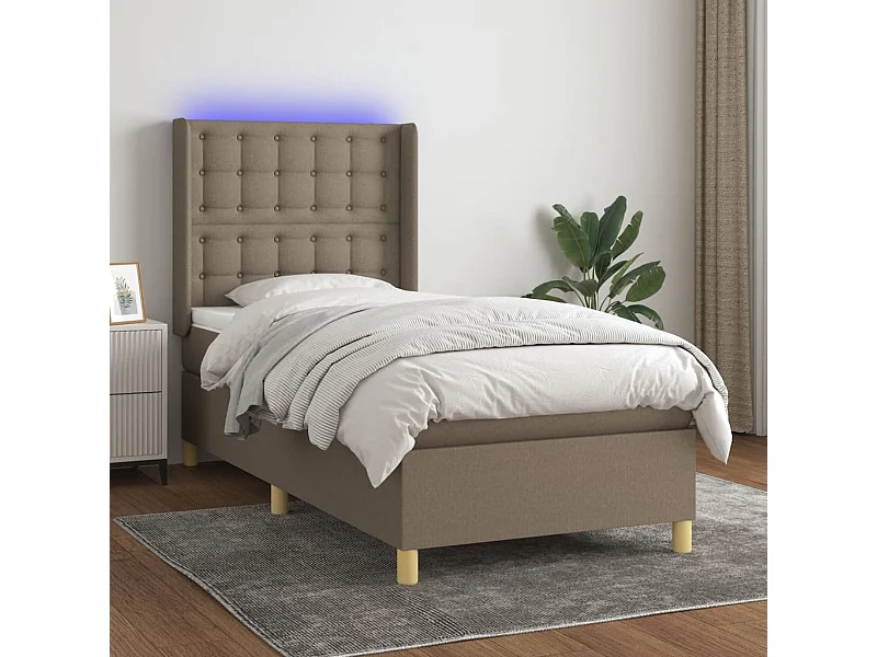 Letto a Molle con Materasso e LED Tortora 90x190 cm in Tessuto