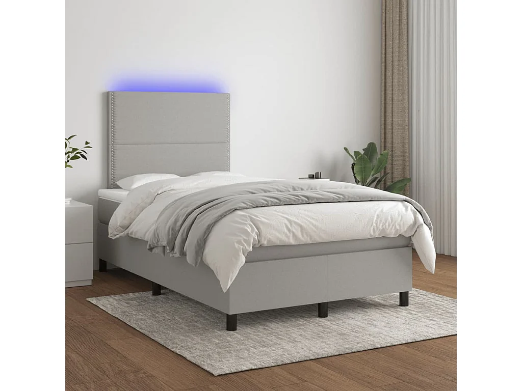 Cama box spring con colchón y LED tela gris claro 120x190 cm