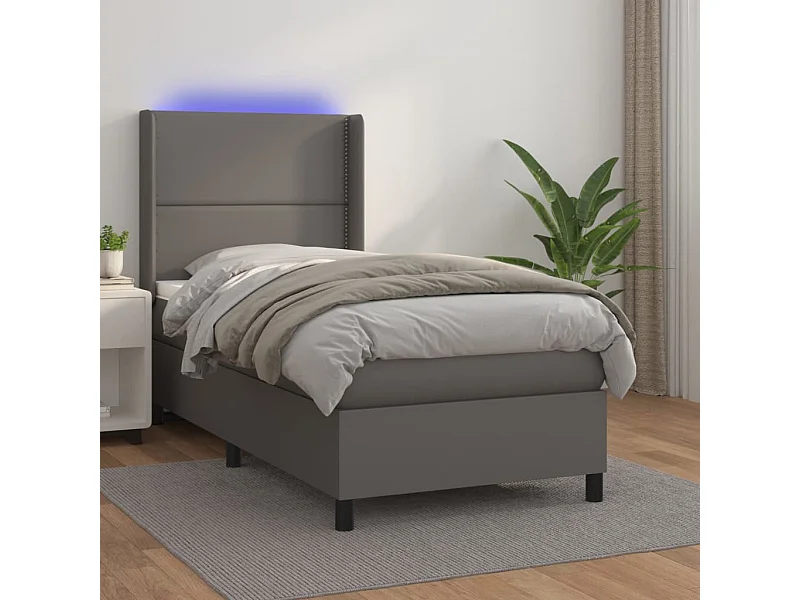 Cama box spring c/ colchão/LED 100x200cm couro artificial cinza