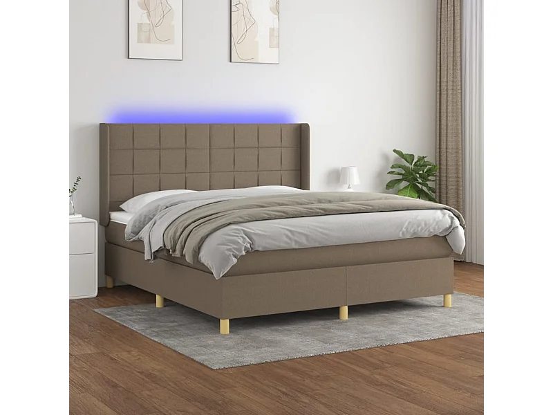 Cama box spring colchón y luces LED tela gris taupe 180x200 cm