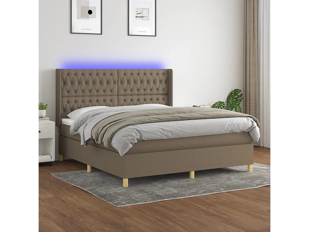 Cama box spring colchón y luces LED tela gris taupe 180x200 cm