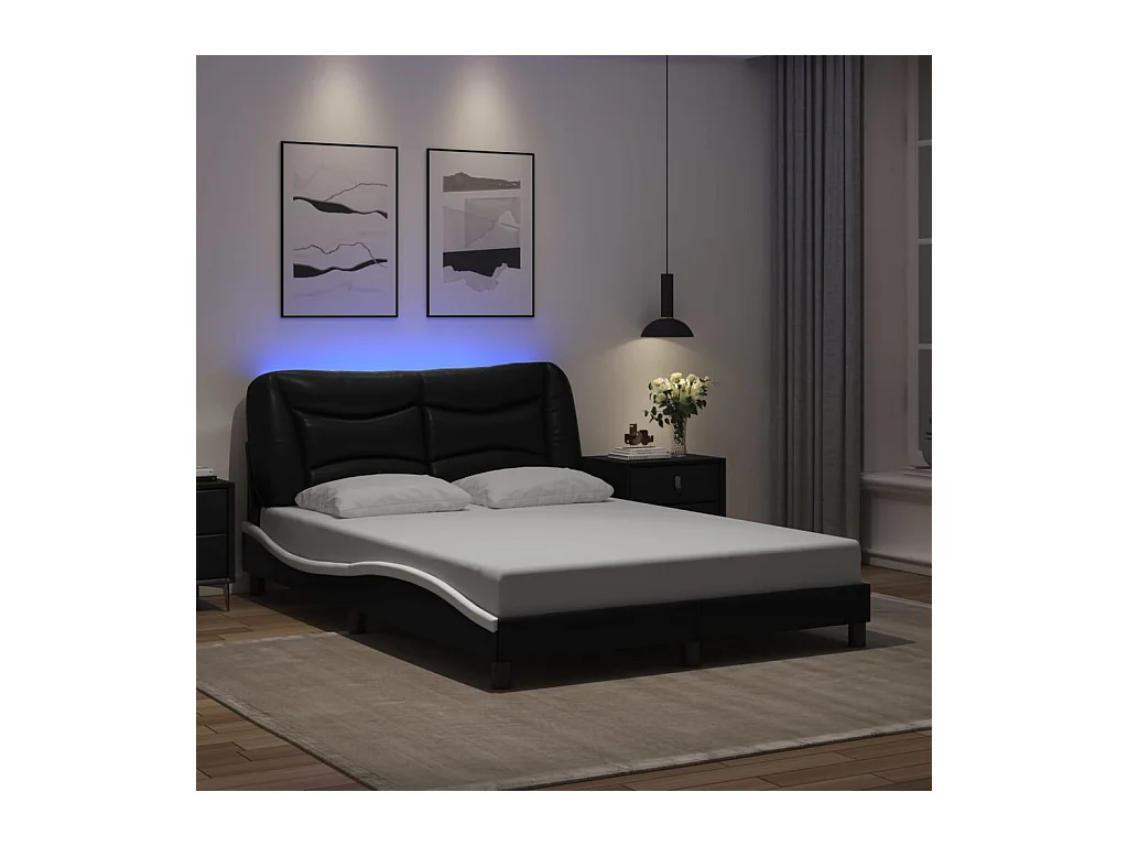 Bettgestell mit LED Schwarz und Weiß 140x190 cm Kunstleder