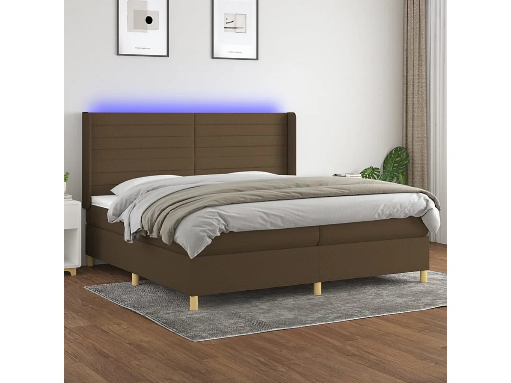 Letto a Molle Materasso e LED MarroneScuro 200x200cm in Tessuto