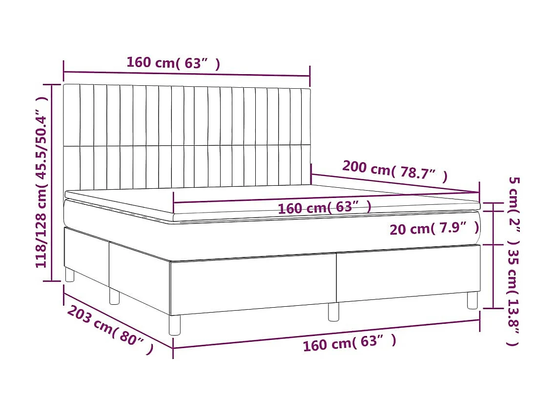 Cama box spring c/ colchão e LED 160x200 cm tecido cor creme