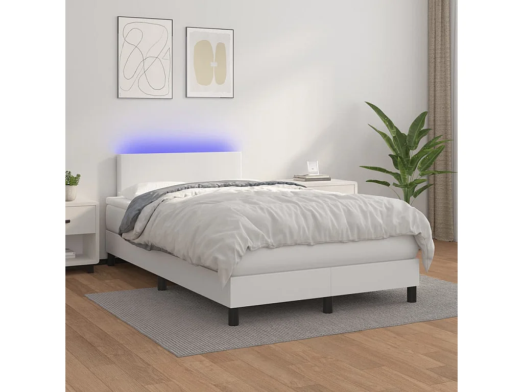 Cama box spring colchón y LED cuero sintético blanco 120x190 cm