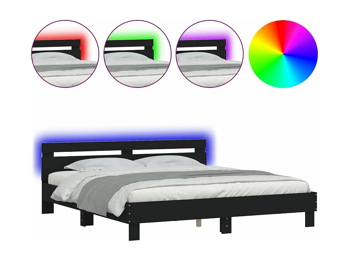 Estrutura de cama com cabeceira e luzes LED 160x200 cm preto