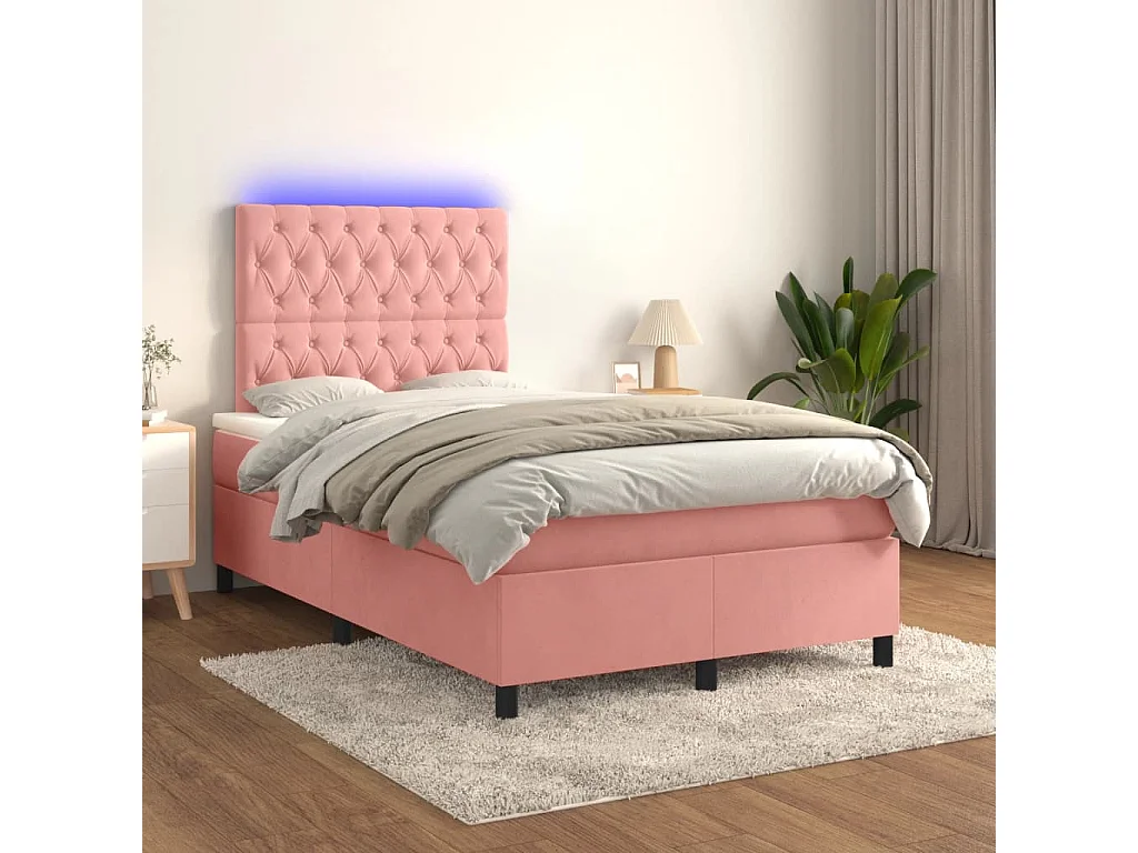 Sommier à lattes de lit et matelas LED rose 120x190 cm velours