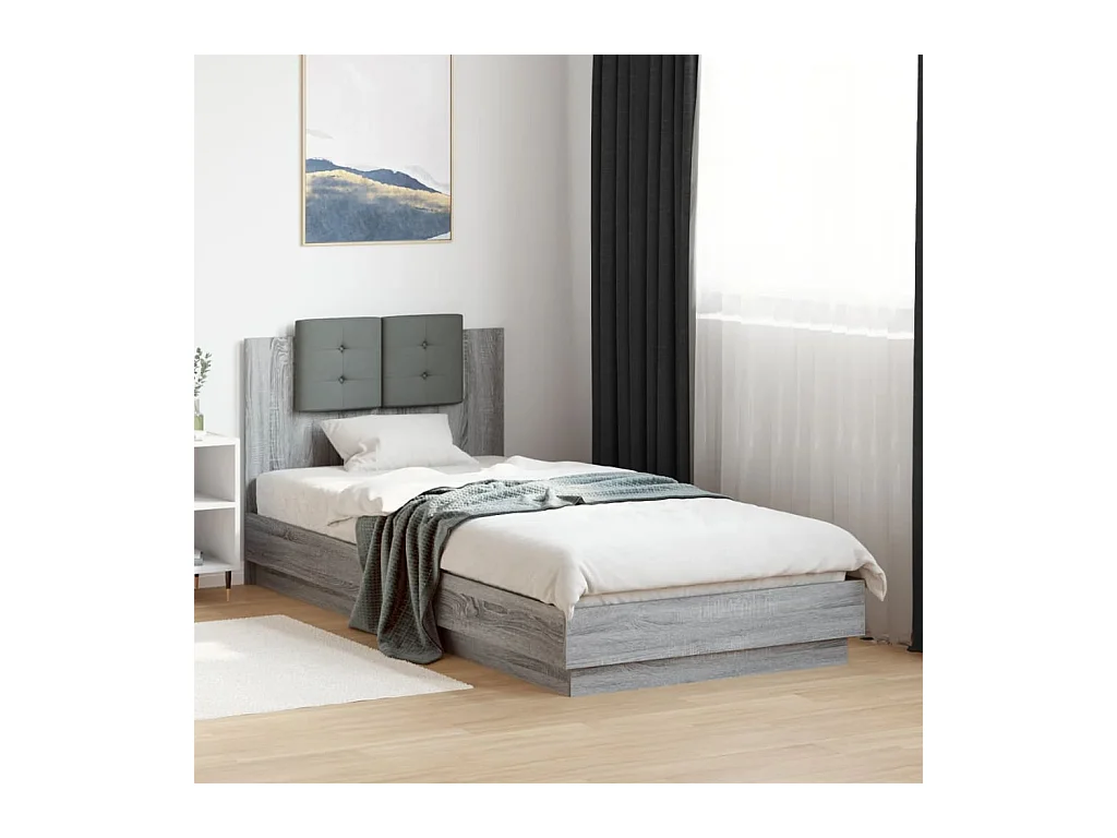 Bettgestell mit Kopfteil und LED-Leuchten Grau Sonoma 100x200cm
