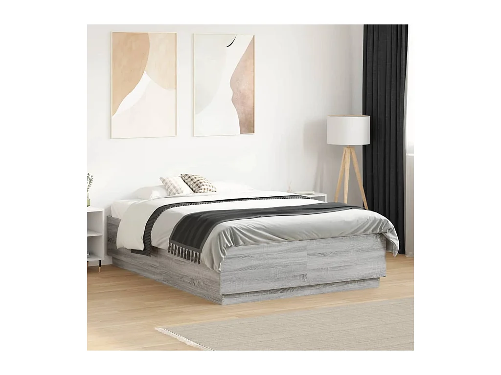Bettgestell mit LED Grau Sonoma 135x190 cm Holzwerkstoff