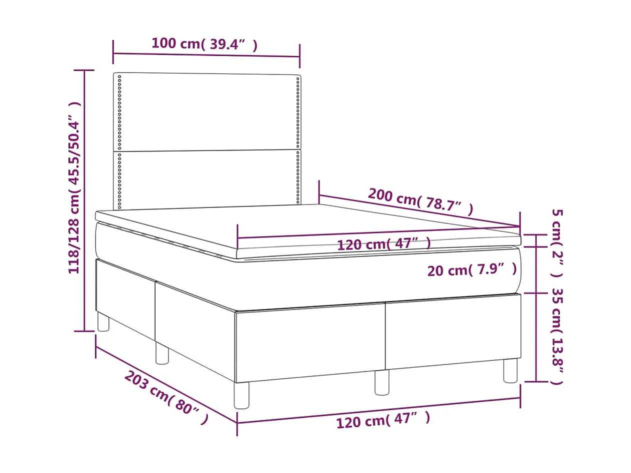 Sommier à lattes de lit et matelas et LED Noir 120x200 cm Tissu