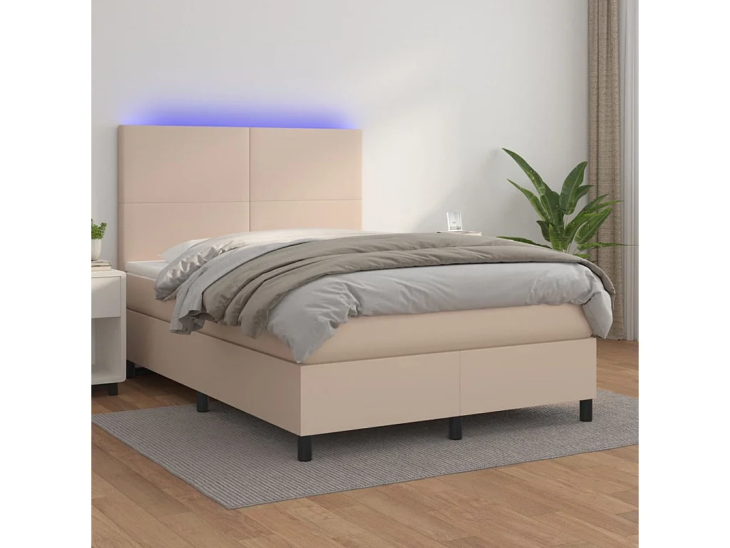 Cama box spring c/colchão/LED 140x190cm couro artif. cappuccino