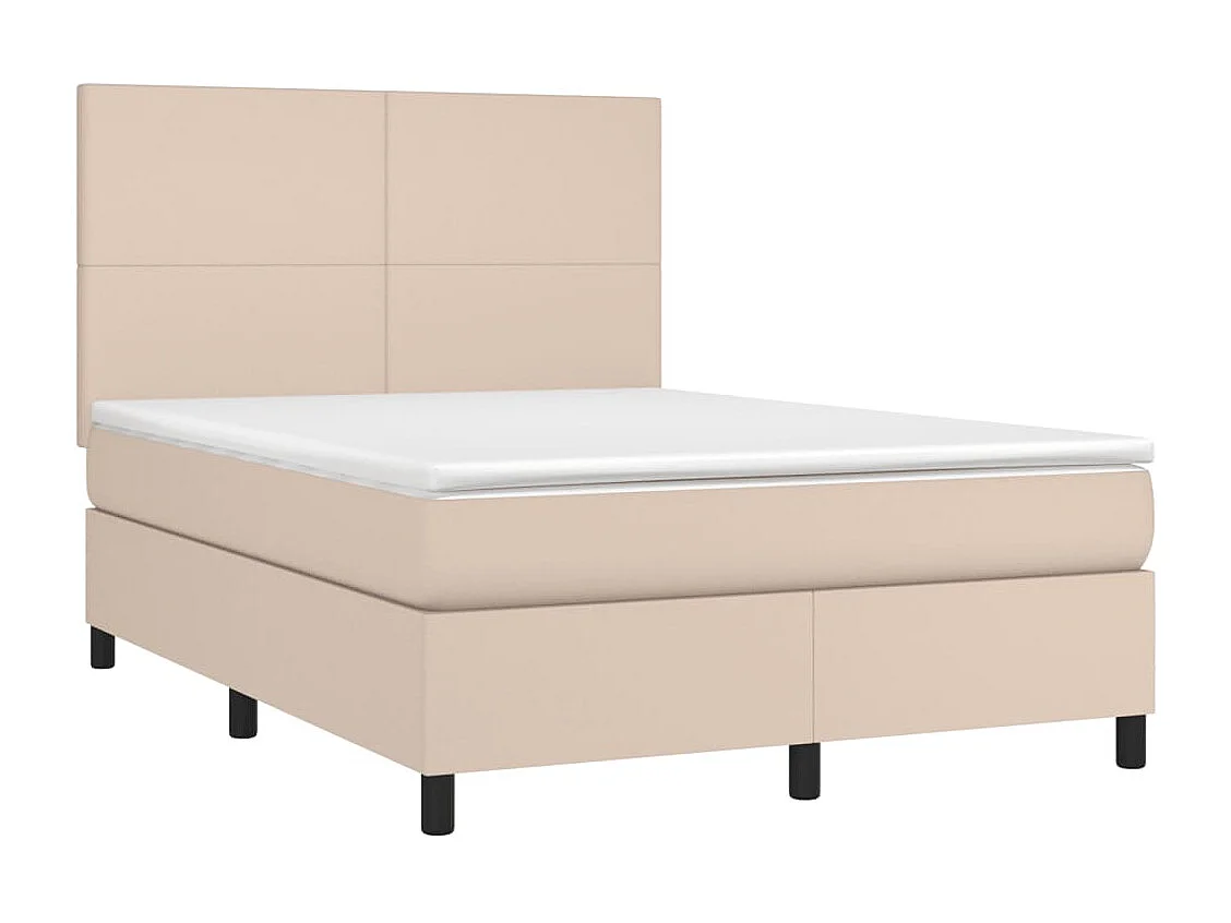 Cama box spring c/colchão/LED 140x190cm couro artif. cappuccino
