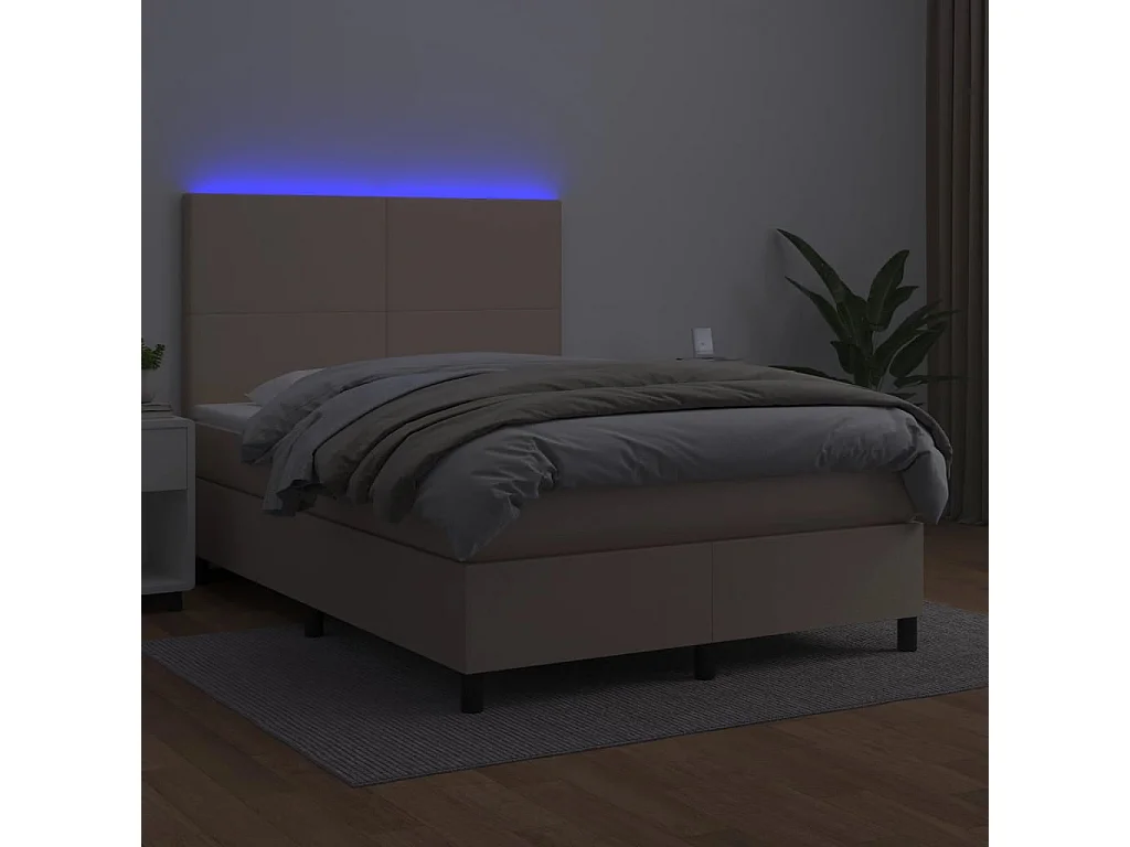 Cama box spring c/colchão/LED 140x190cm couro artif. cappuccino