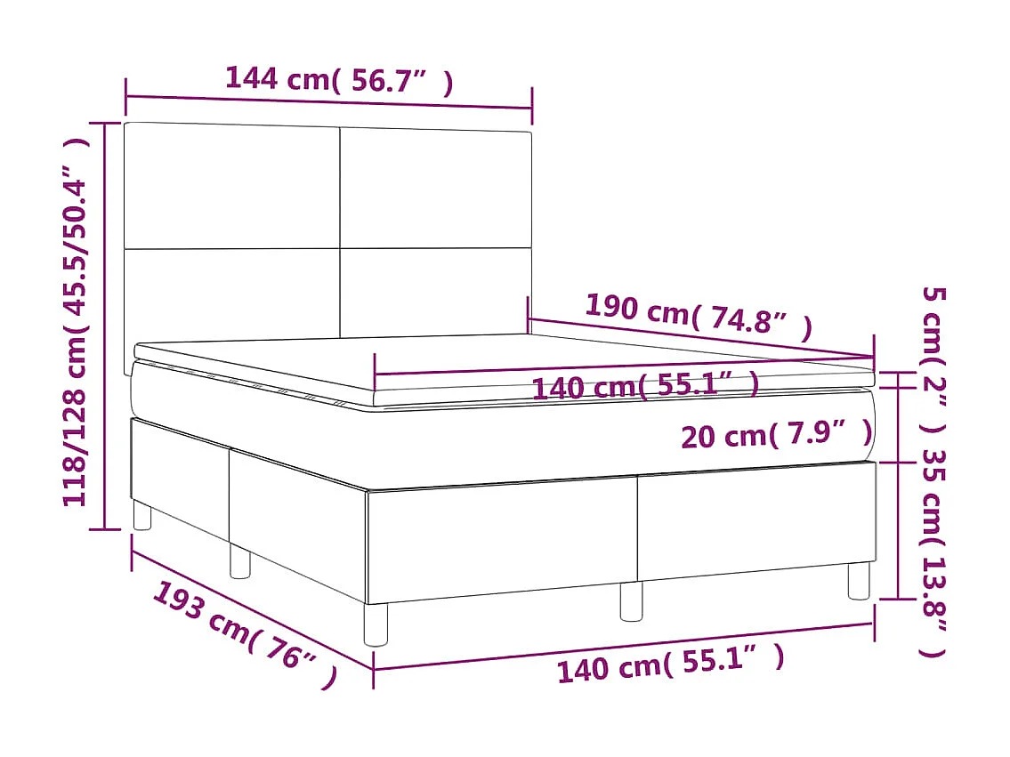 Cama box spring c/colchão/LED 140x190cm couro artif. cappuccino