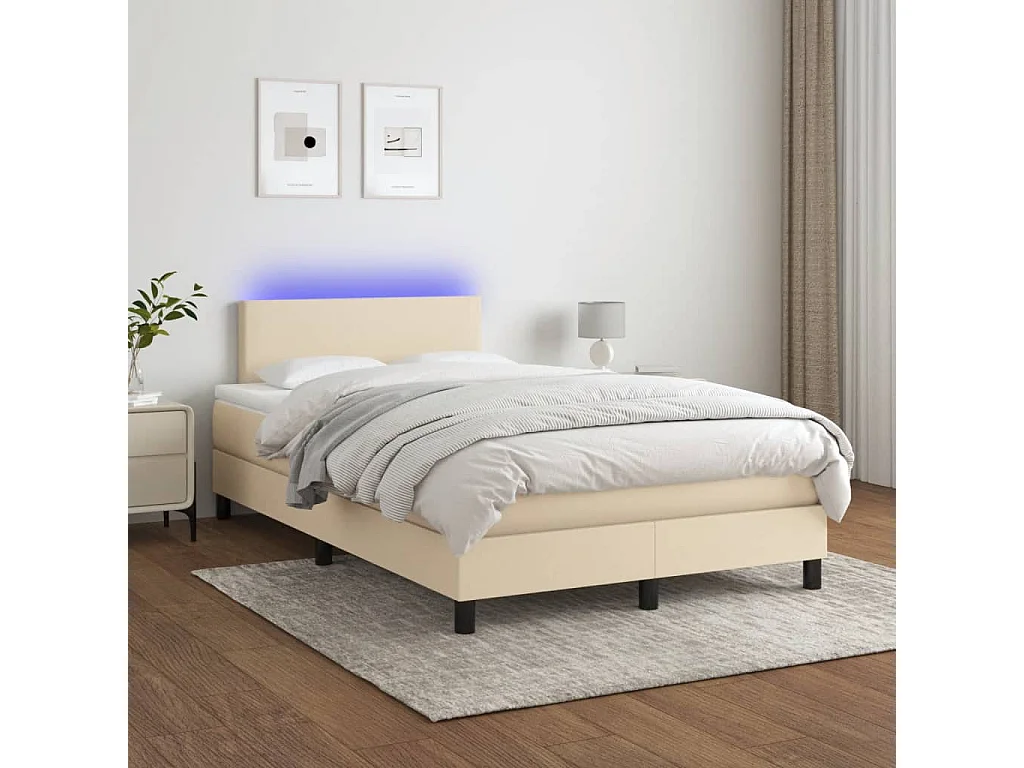 Cama box spring c/ colchão e LED 120x190 cm tecido cor creme