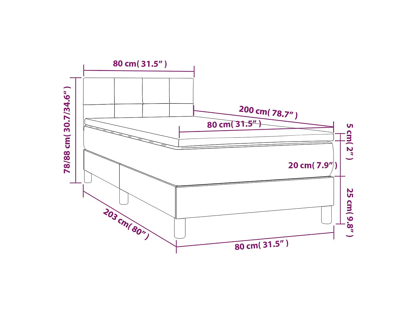 Cama box spring con colchón terciopelo gris oscuro 80x200 cm