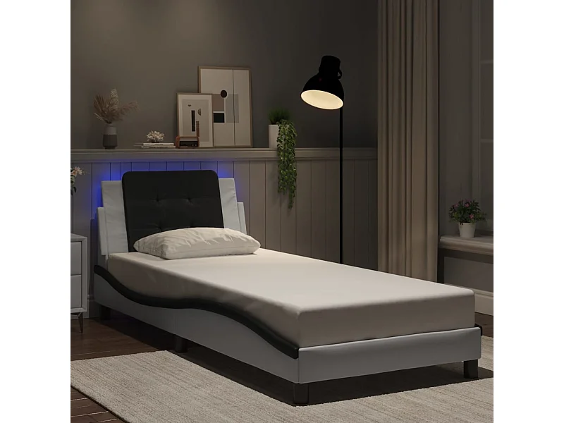 Estructura cama con LED cuero sintético blanco y negro 90x190cm