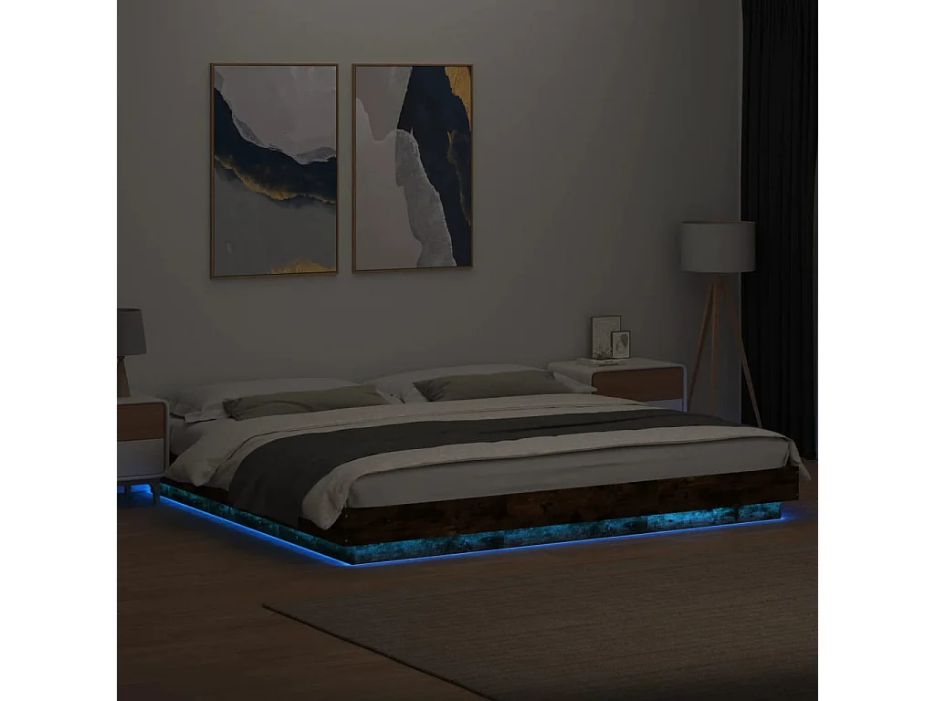 Cadre de lit et lumières LED sans matelas chêne fumé 200x200 cm