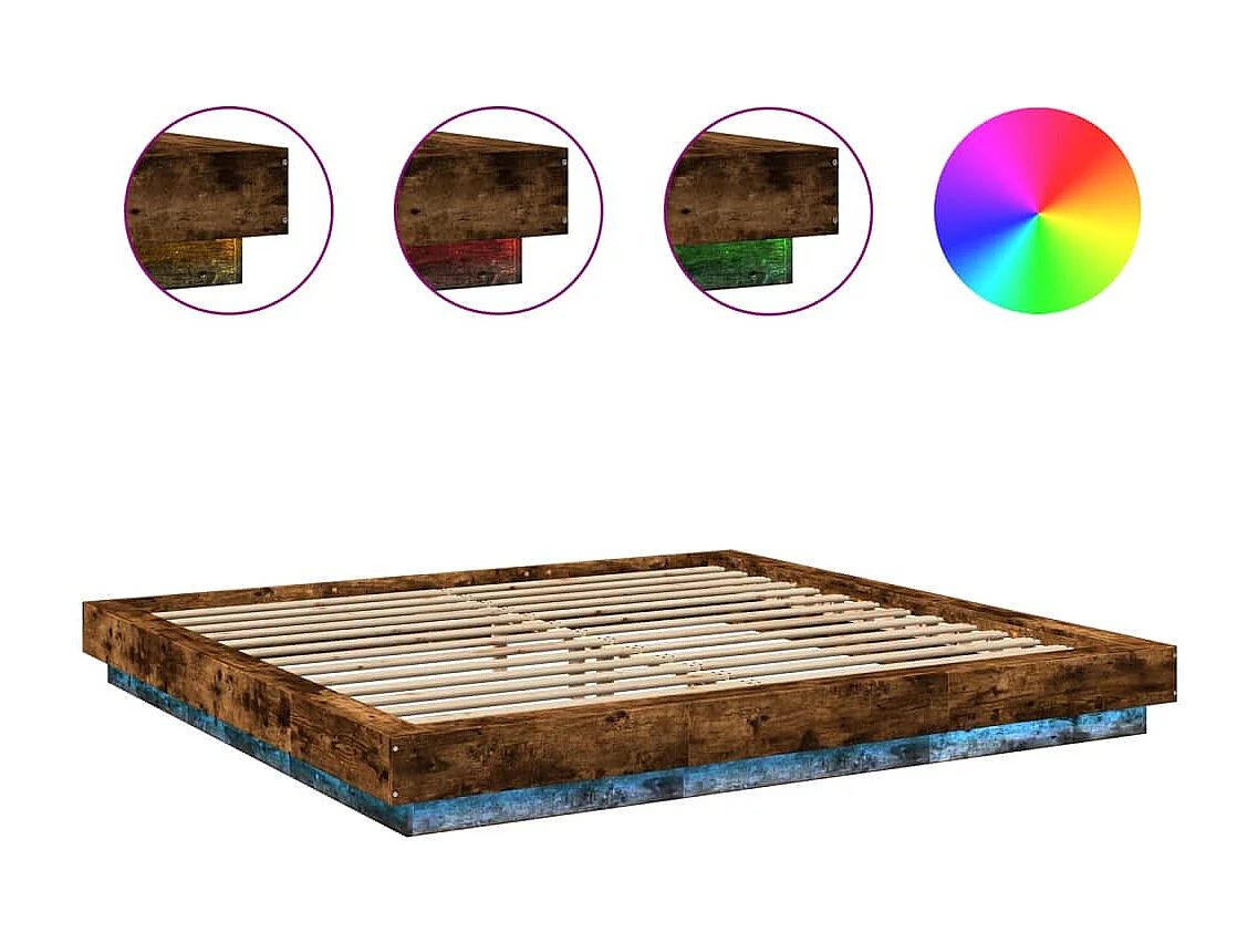 Cadre de lit et lumières LED sans matelas chêne fumé 200x200 cm