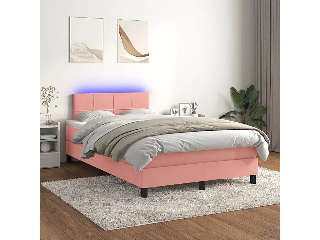 Sommier à lattes de lit et matelas LED rose 120x190 cm velours